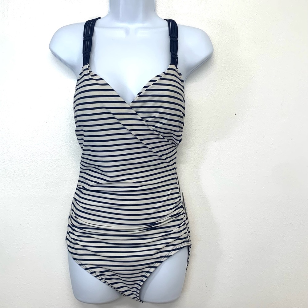 Kona Sol‎ One Piece Swim Suit Small  Blue White Stripe Cross Over Nautical Beach